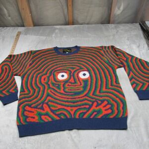 Creature World Advisry Sweater Men XL Blue Fingerprint Psychedelic Art Wool RARE